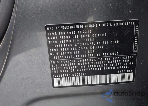 2020 Volkswagen Tiguan 2.0T Se/2.0T Se R-Line Black/2.0T Sel z USA, uszkodzony, nr VIN 3VV2B7AX0LM007573